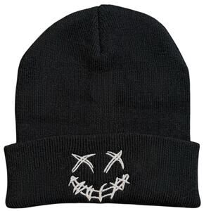 Knitted Woven Black Scary Smiley Face Beanie Mens OS - Punk Skater Preppy Casual